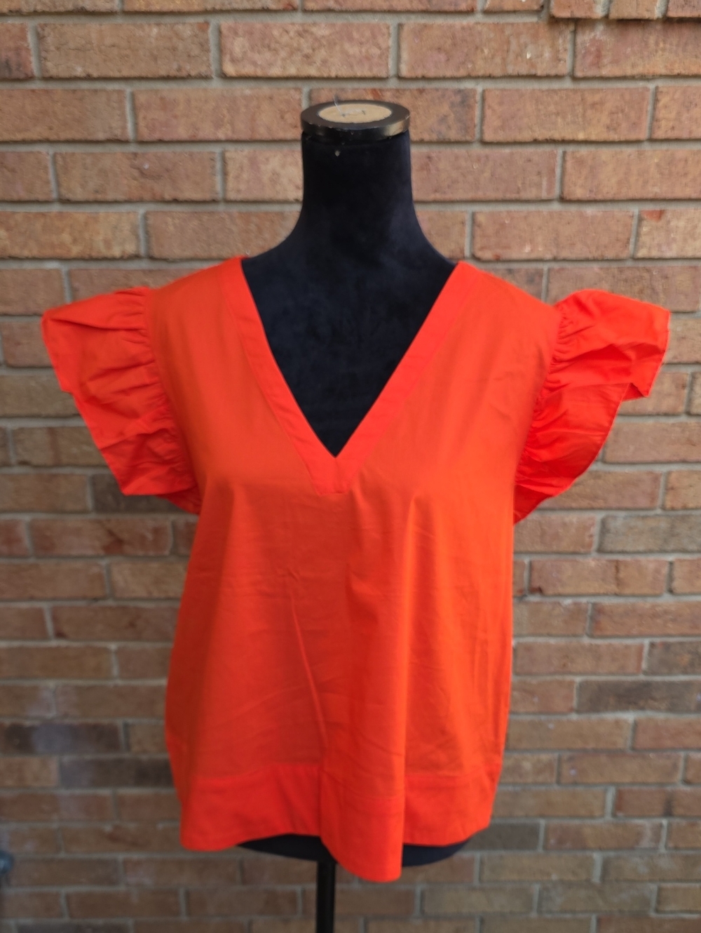Flutter-Sleeve V‑Neck Blouse in Vibrant Orange Size XL